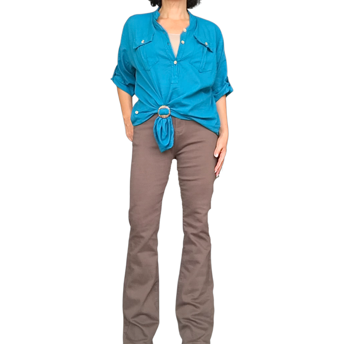Pantalon femme brun patte d'éléphant, accessoire vêtements femme boucle d'ajustement, blouse bleu