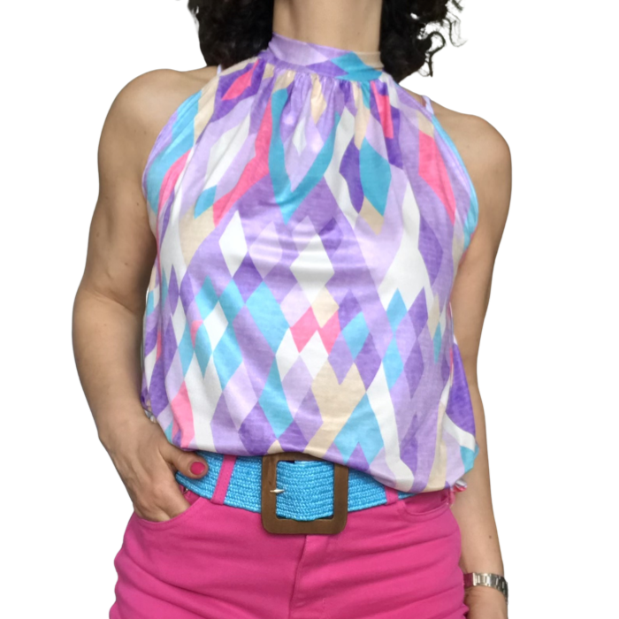 Camisole à losanges multicolores noué au cou élastique au bas lilas avec ceinture turquoise