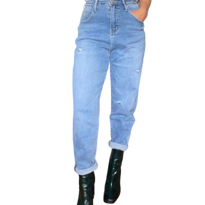 Jeans taille haute femme bleu claire extensible coupe "Mom jean"