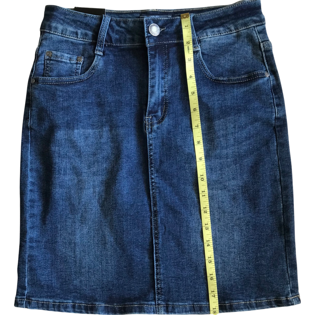 Jupe jeans extensible bleu foncé 18 pouces de longueur avec ruban à mesuré