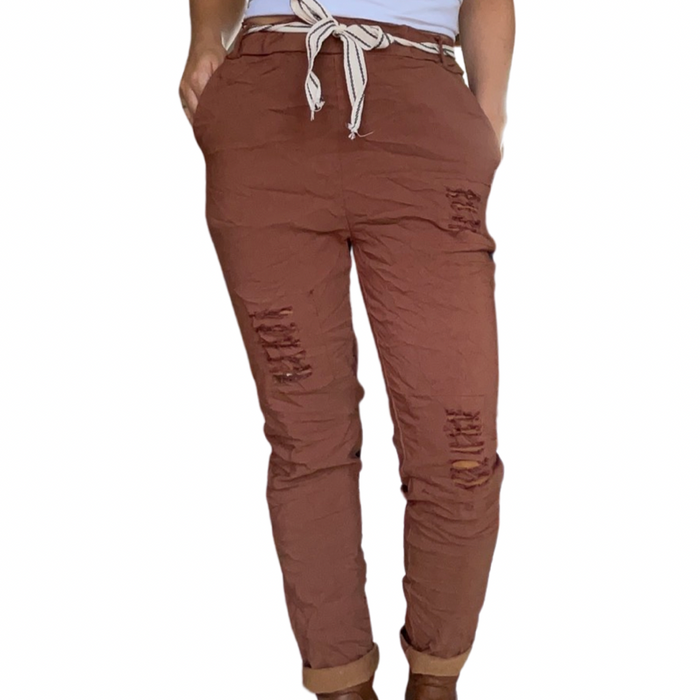 Pantalon femme brun à taille élastique empiècements en paillette
