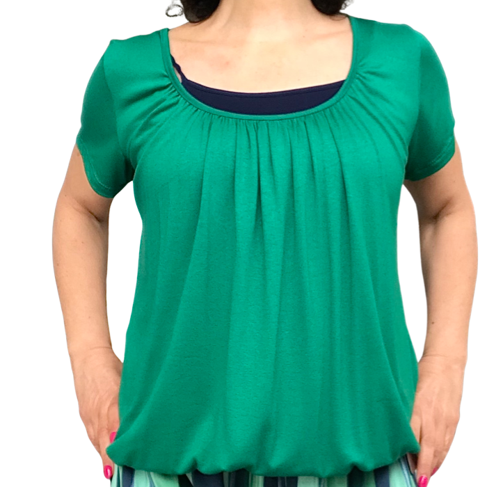T-shirt femme uni manche courte col en U élastique au bas jade