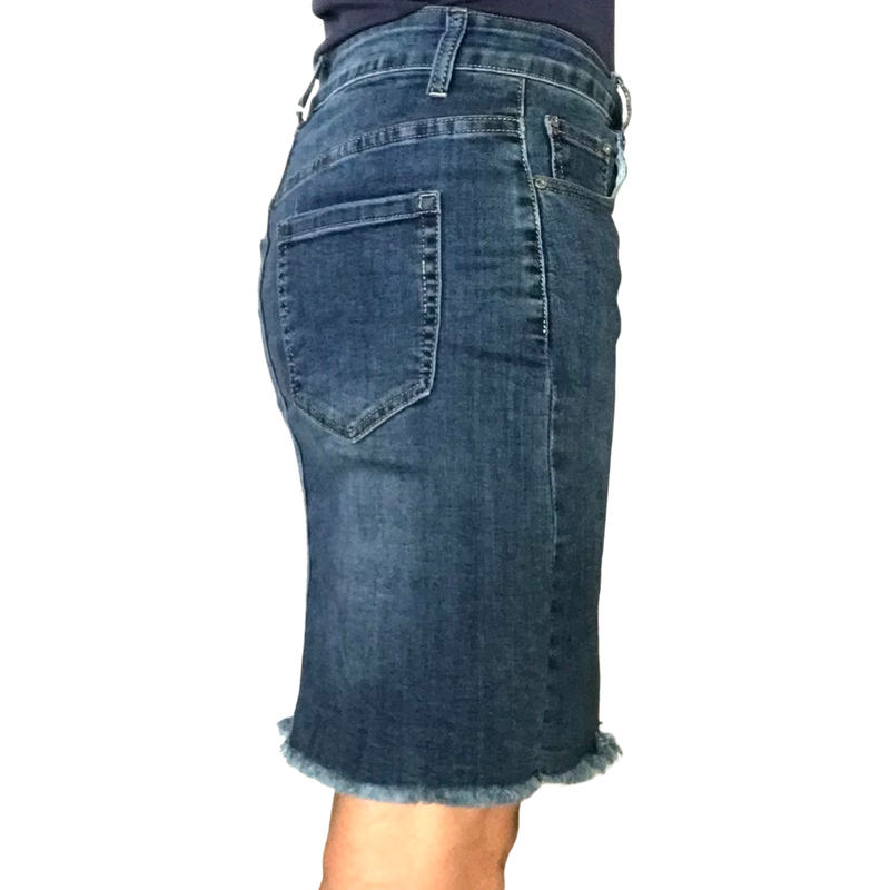 Jupe en jeans femme bleu courte extensible vue de côté