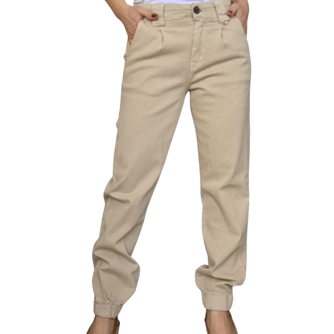 Pantalon beige ample femme 2 plis français avec élastique dans le bas