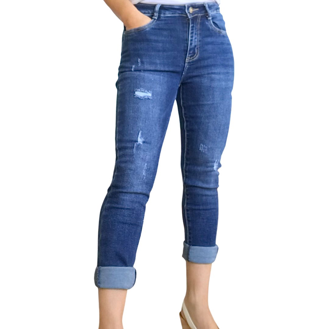Jeans bleu skinny extensible avec des trous pour femme