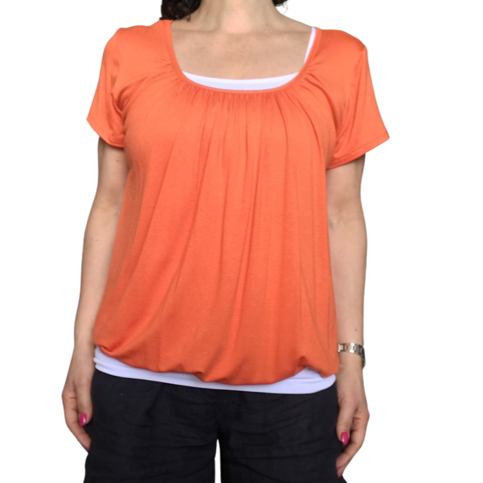 T-shirt femme uni manche courte col en U élastique au bas orange