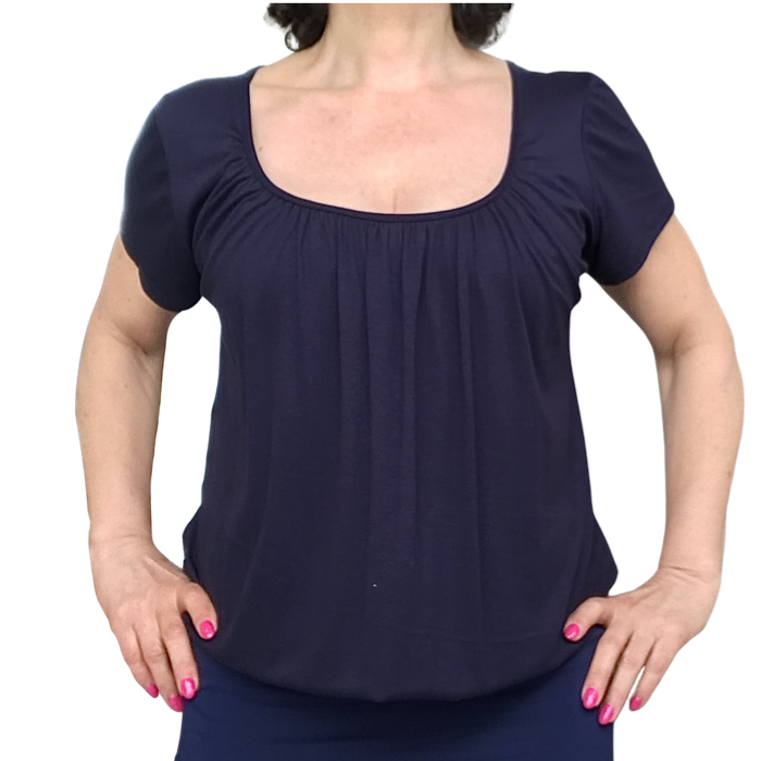T-shirt femme uni manche courte col en U élastique au bas bleu marin