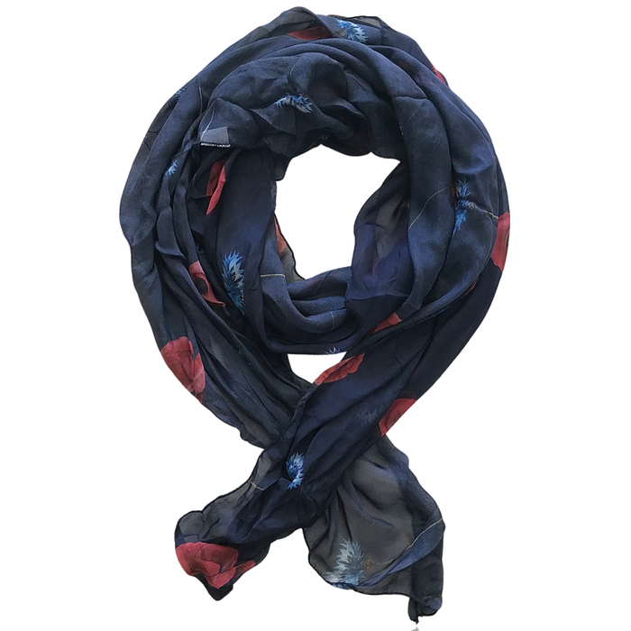 100% navy silk scarf with red and blue flowers