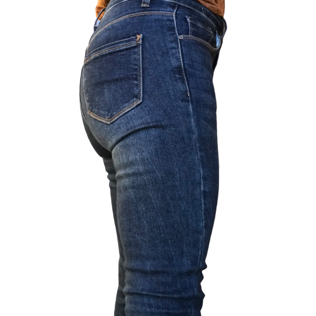 Jeans skinny extensible femme bleu foncé avec franges au bas