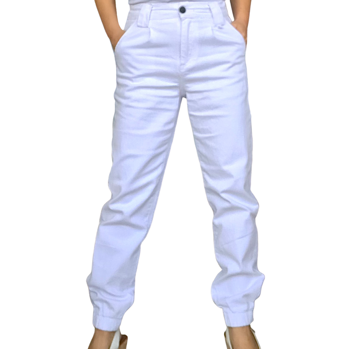 Pantalon blanc ample femme 2 plis français avec élastique dans le bas